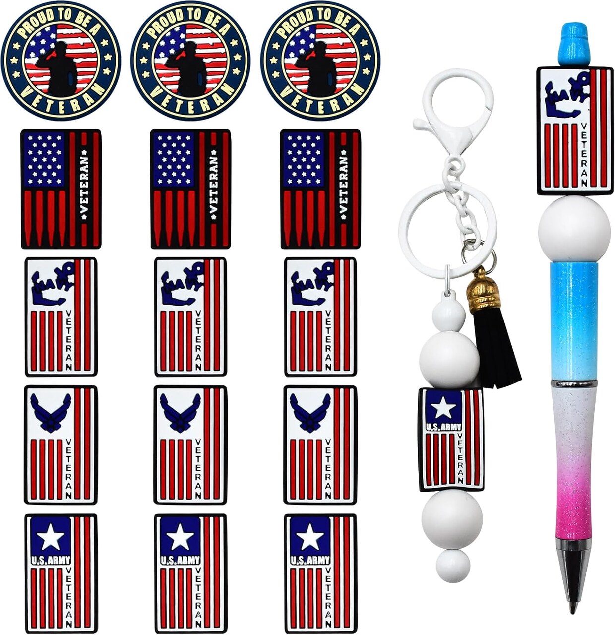15 PCS Silicone Focal Beads for Pens Characters Veterans Theme Silicone Bead for Keychain Making Beads Bulk for Jewelry Making Bracelet Necklace Handmade Crafts